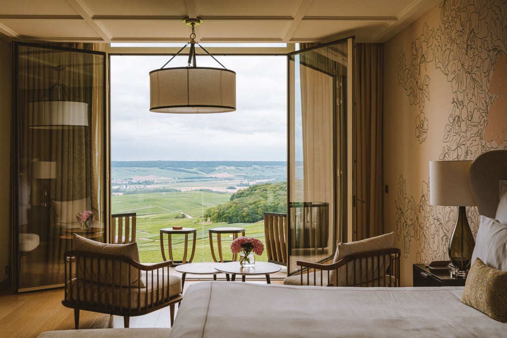 Modern infinity pool overlooking rolling French vineyards at sunset, with elegant lounge chairs and panoramic valley views from luxury terrace