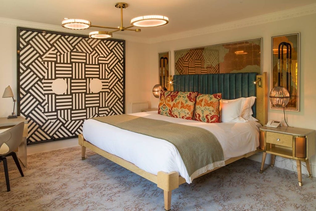 Luxurious king-size bed with crisp white linens, plush throw pillows, and elegant wooden furniture in a spacious, modern Homewood Hotel & Spa room