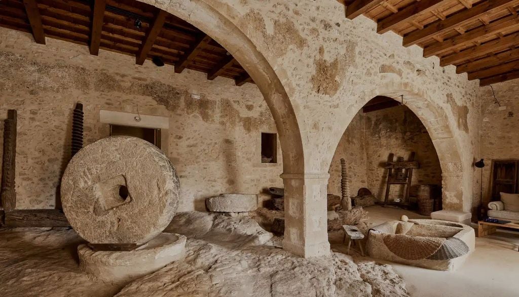 Luxurious stone villa with terrace overlooking olive groves at sunset, featuring rustic Cretan architecture and Mediterranean landscape