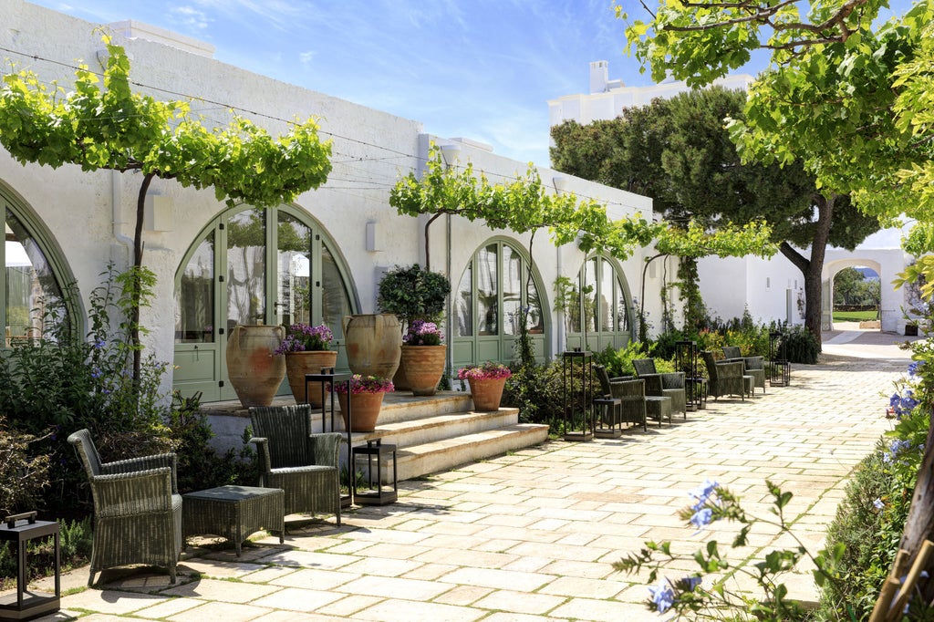 Historic Italian masseria with whitewashed stone walls, elegant arched windows and flowering gardens set against clear blue Mediterranean sky