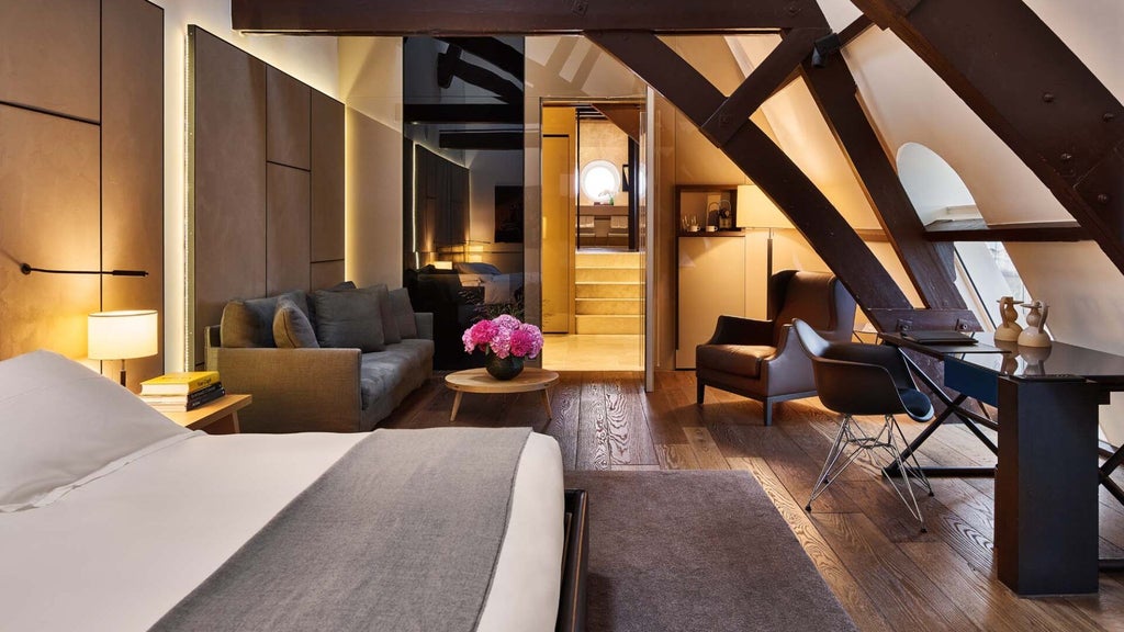 Luxurious rooftop suite at Conservatorium Hotel, Amsterdam, with modern design, sleek furnishings, and panoramic city views through expansive windows