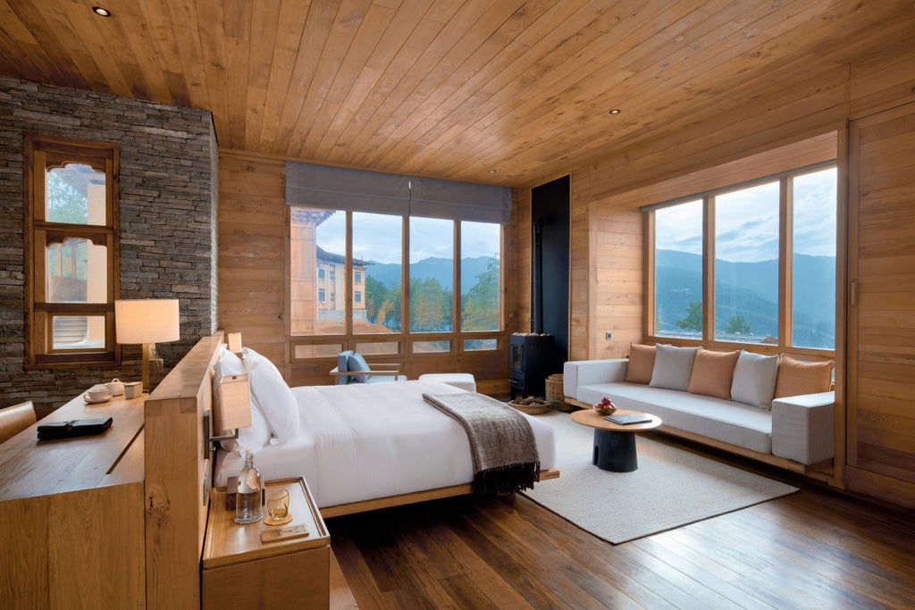 Modern luxury lodge with stone and timber facade nestled on Bhutanese mountainside, featuring traditional architecture and panoramic valley views