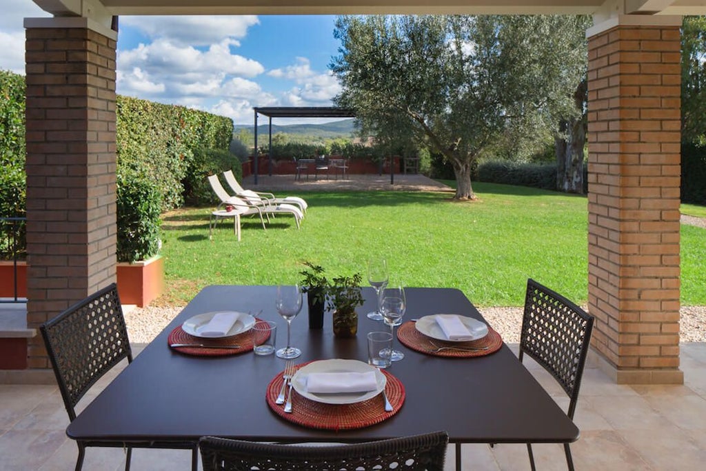 Rustic stone Tuscan villa with terracotta roof, surrounded by lush cypress trees and vibrant lavender fields at golden sunset, exuding timeless Italian countryside charm