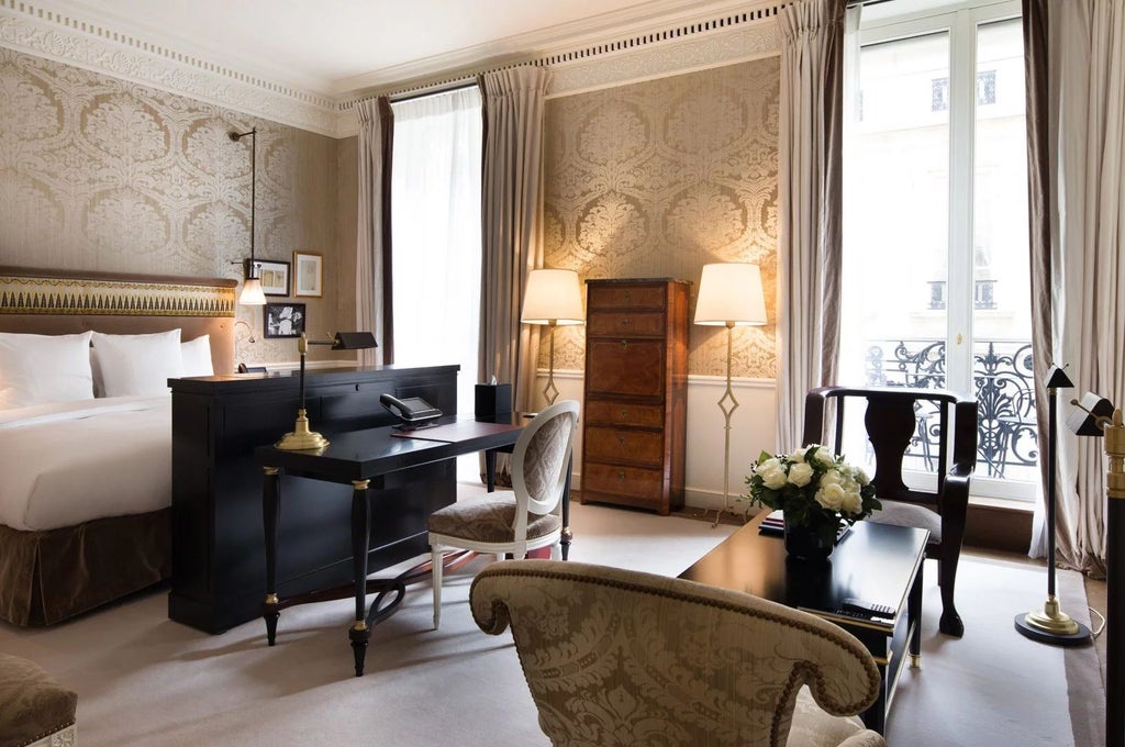 Elegant Parisian luxury suite with plush king bed, soft neutral tones, marble bathroom, city view window, and sophisticated contemporary design elements