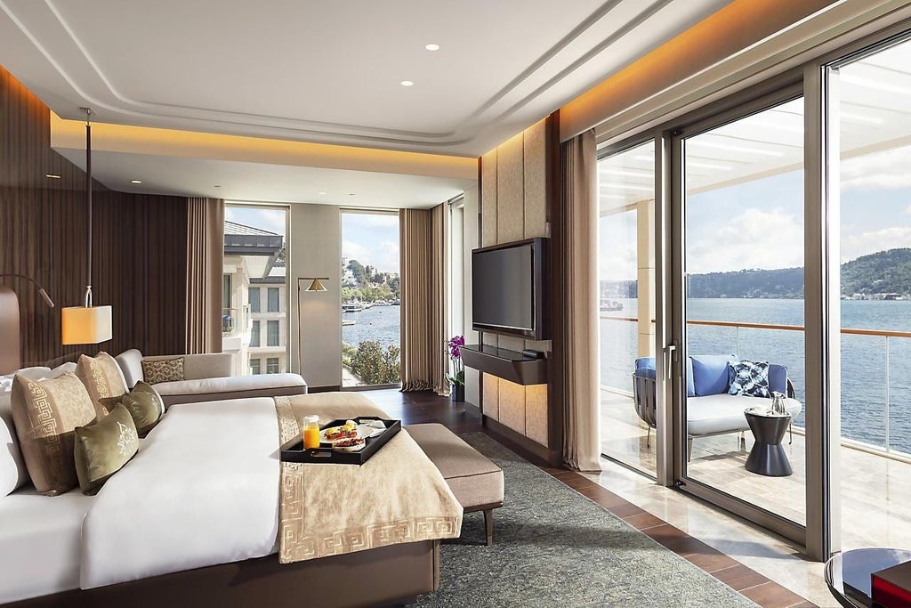 Luxurious Mandarin Bosphorus Room with panoramic Istanbul skyline, elegant contemporary decor, modern furnishings, and expansive water views