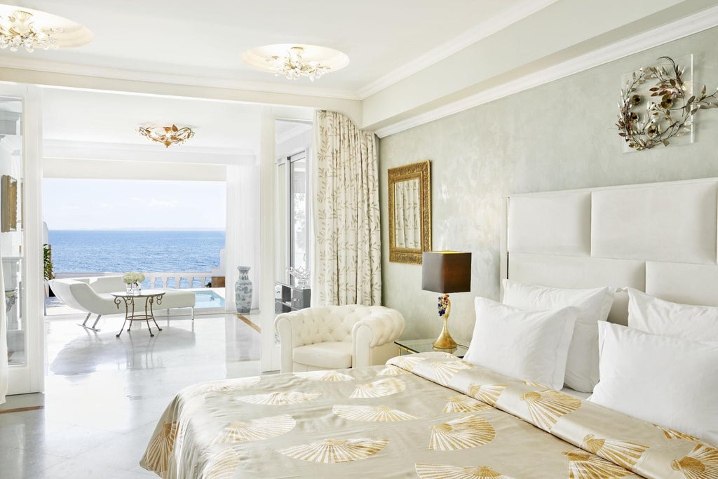 Luxurious Honeymoon Executive Pool Suite at Danai Beach Resort, featuring elegant white decor, private pool, and panoramic views of the Aegean Sea in Greece