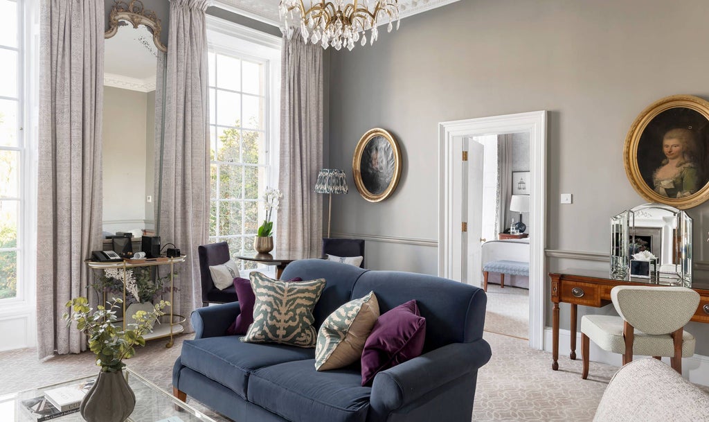 Elegant master suite at The Royal Crescent Hotel & Spa, featuring opulent decor, plush king-sized bed, and classic British architectural details in soft neutral tones