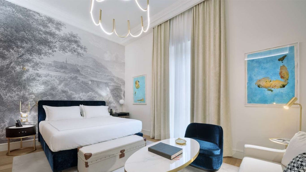 Elegant deluxe junior suite with contemporary design, plush white bedding, elegant wooden furnishings, and soft ambient lighting in Rome's historic center