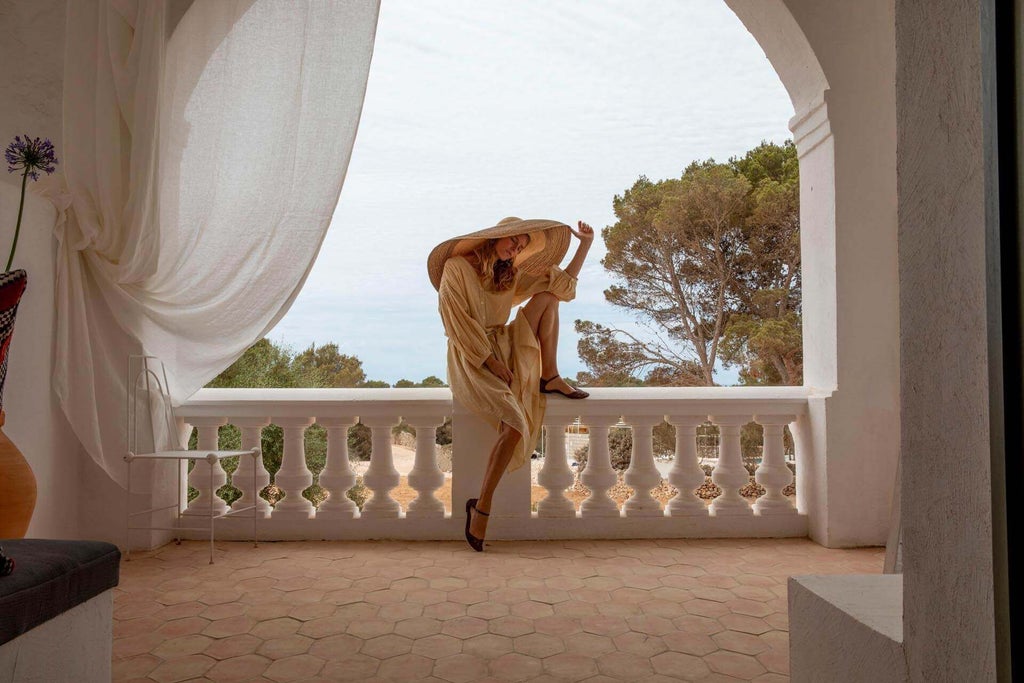 Whitewashed Mediterranean villa with arched windows, surrounded by lush greenery, terracotta tiles, and azure coastal landscape of Menorca