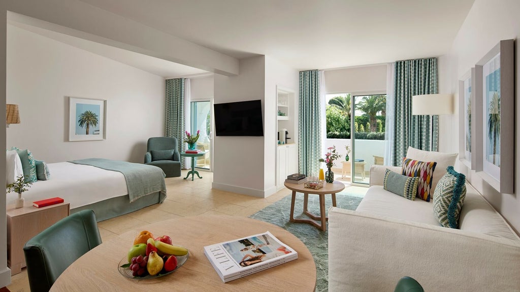 Luxurious Oasis Suite Premium at Vila Vita Parc Resort & Spa, featuring elegant white decor, plush king bed, and expansive ocean view balcony in Portugal