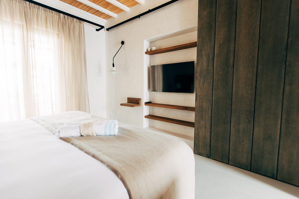 Luxurious white-themed deluxe hotel room with panoramic sea view, private pool access, and elegant Cycladic design in Mykonos, Greece