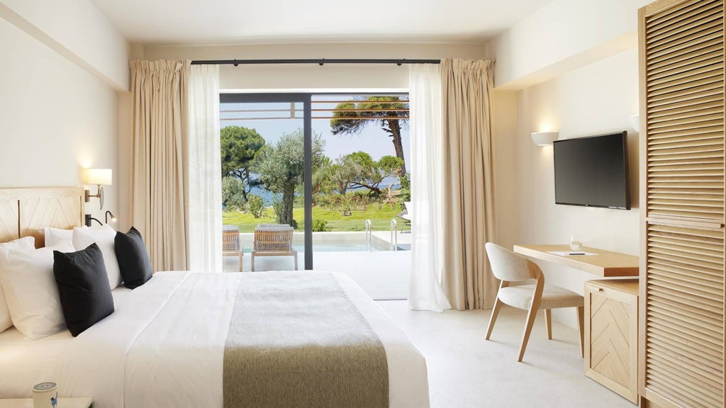 Luxurious NEST Suite at ELIVI Skiathos, featuring modern minimalist design with white walls, sleek furnishings, and panoramic Aegean Sea view.