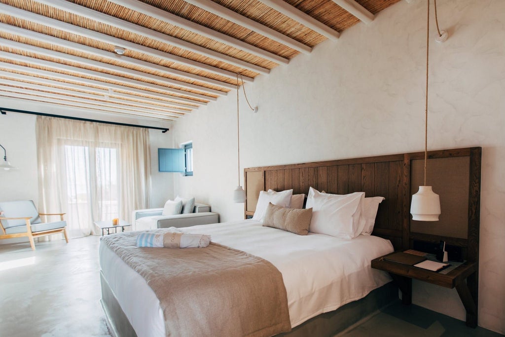 Luxurious white Jacuzzi Sea View Suite at Branco Mykonos, overlooking azure Aegean waters with minimalist design and elegant marble accents