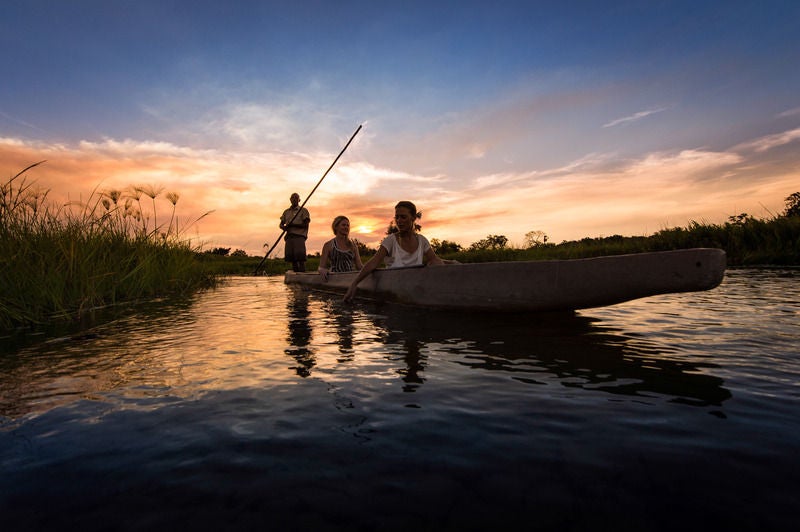 Elevated wooden lodge with glass-walled suites nestled among Delta palms, reflecting in tranquil waters at golden hour