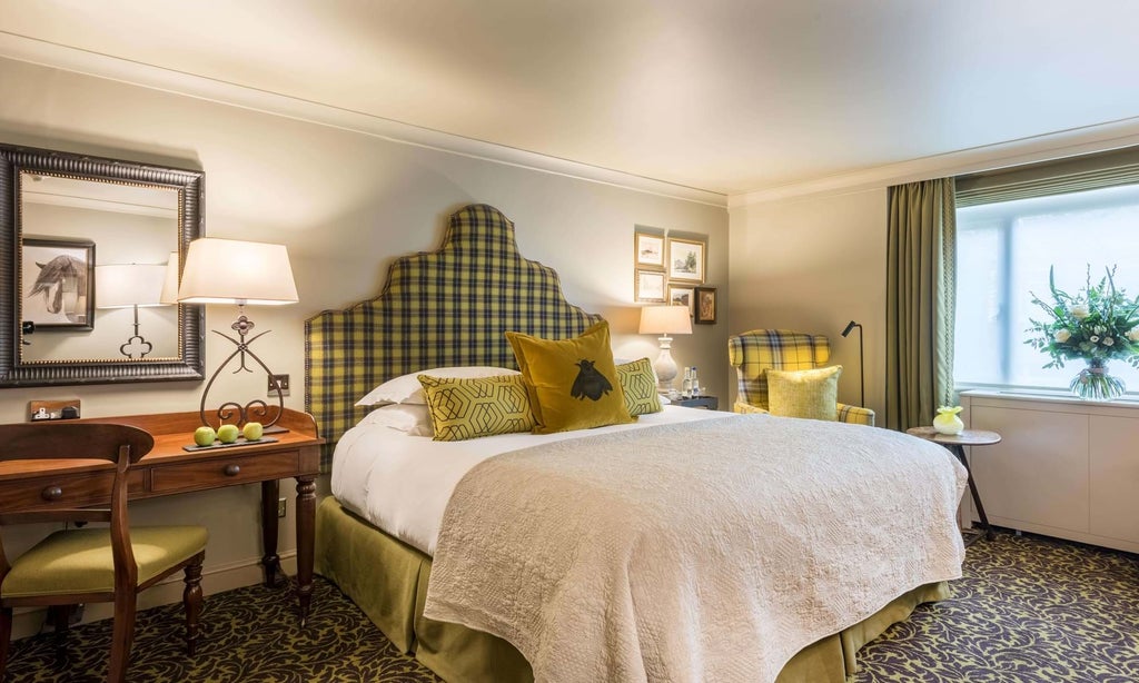 Elegant classic hotel room with plush white bedding, traditional wooden furnishings, and soft neutral tones at The Lygon Arms boutique hotel in the UK