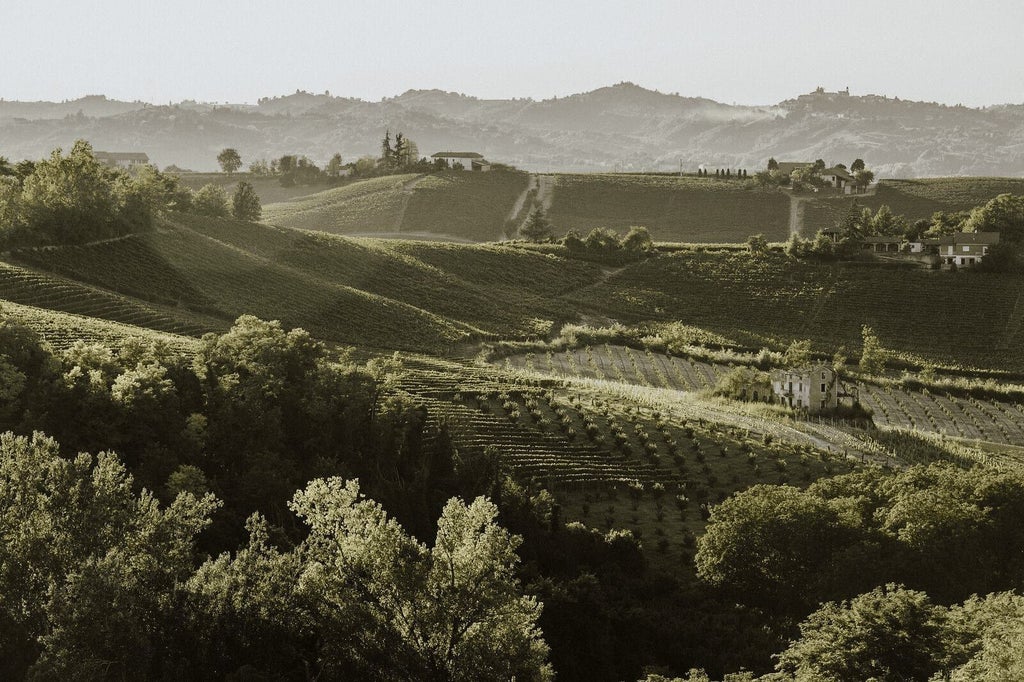 Elegant limestone villa with terracotta roof overlooking rolling Tuscan hills, surrounded by cypress trees and manicured gardens at sunset