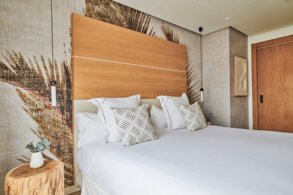 Elegant Nobu Deluxe Room with modern minimalist decor, crisp white linens, sleek wooden furnishings, and panoramic view of Mediterranean coastline