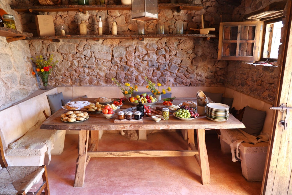 Guests enjoy premium olive oil tasting at an elegant Spanish estate, set against rustic stone walls with a gourmet picnic spread