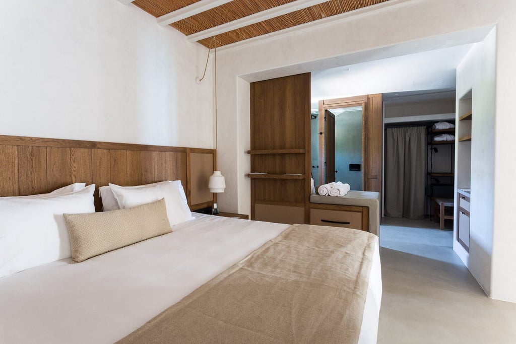 Luxurious white-themed junior suite with panoramic side sea view, featuring minimalist design, crisp linens, and elegant Cycladic architectural elements in Mykonos, Greece