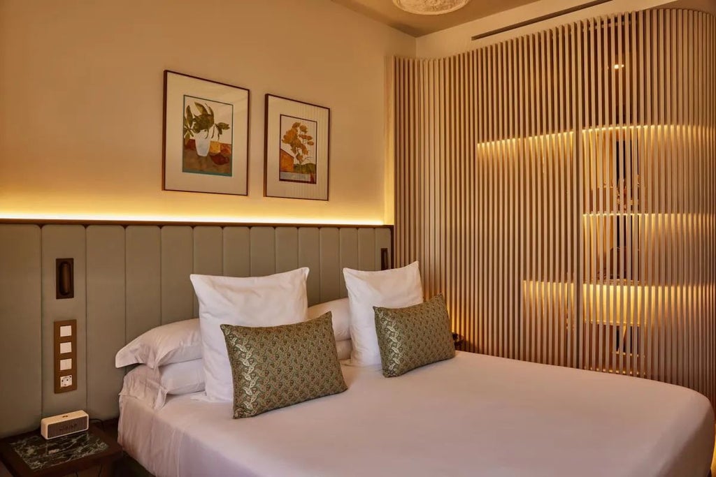 Elegant superior hotel room with modern minimalist design, plush white bedding, city view, and luxurious wood furnishings in Barcelona's Grand Hotel Central