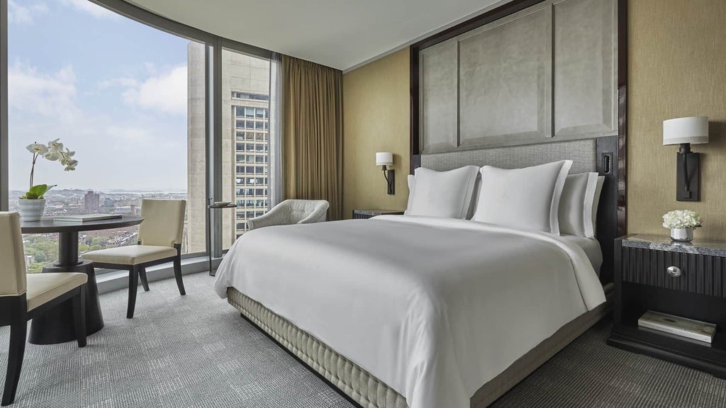 Luxurious premier room at scenset hotel with modern decor, king bed, floor-to-ceiling windows, and elegant city skyline view in downtown area