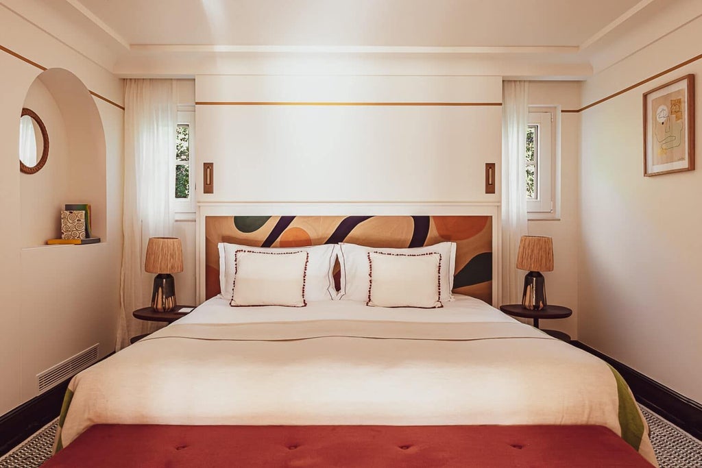 Elegant superior suite at Lou Pinet hotel with soft neutral tones, plush white bedding, natural wood accents, and refined French Riviera design aesthetic