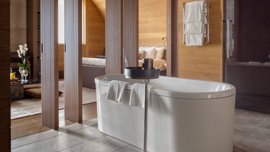 Minimalist Swiss alpine luxury suite with wood paneling, plush king bed, floor-to-ceiling windows overlooking snow-capped mountain landscape at The Chedi Andermatt