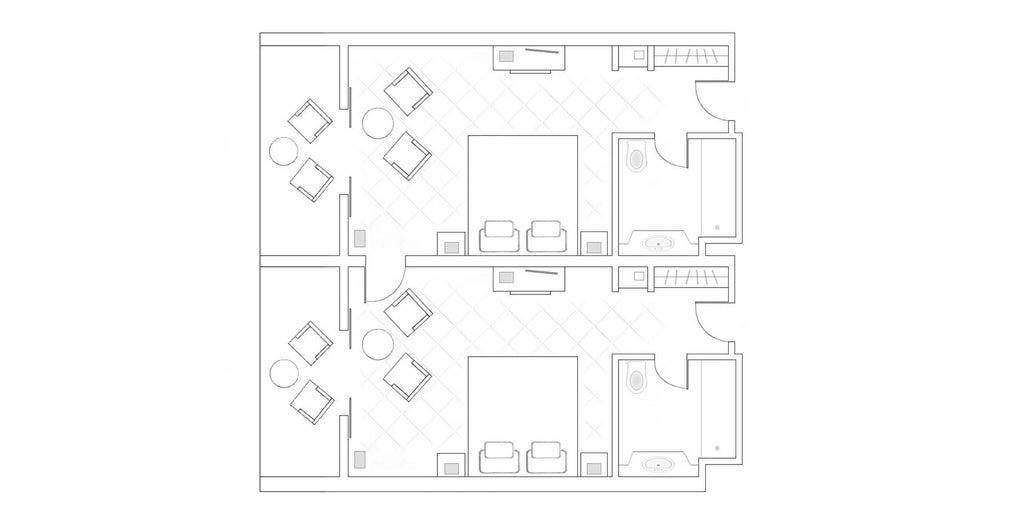 Elegant connecting hotel rooms with warm interior design, plush furnishings, and inland Cyprus landscape view from large windows in modern accommodation setting