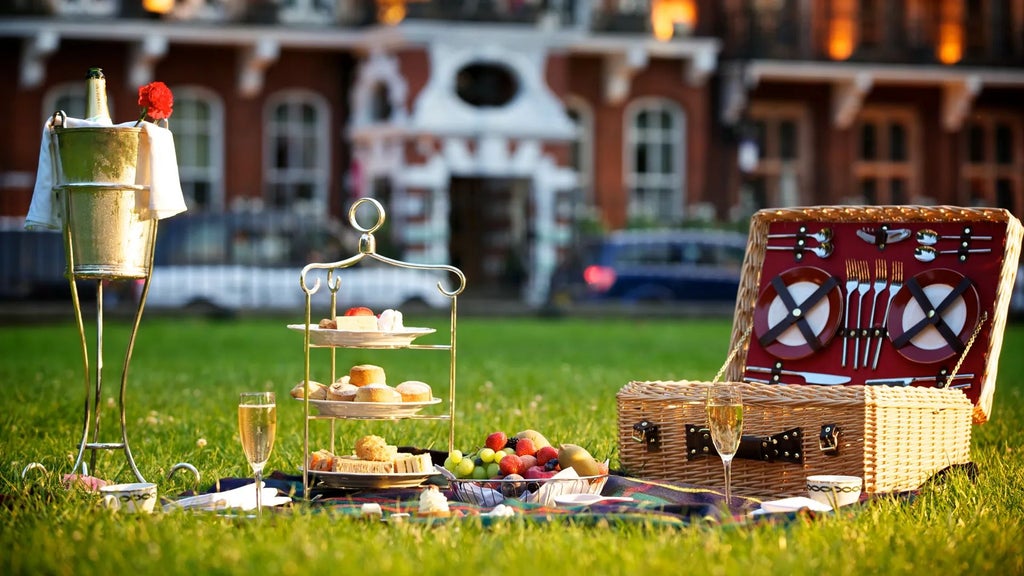 Elegant Victorian-style luxury hotel facade with ornate windows, red brick exterior, and pristine landscaping near Royal Kensington Gardens in London