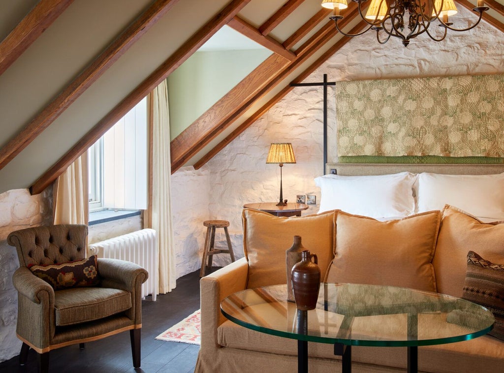 Luxurious king bed with crisp white linens, soft neutral tones, and elegant wooden furniture in a refined countryside hotel room in Wales