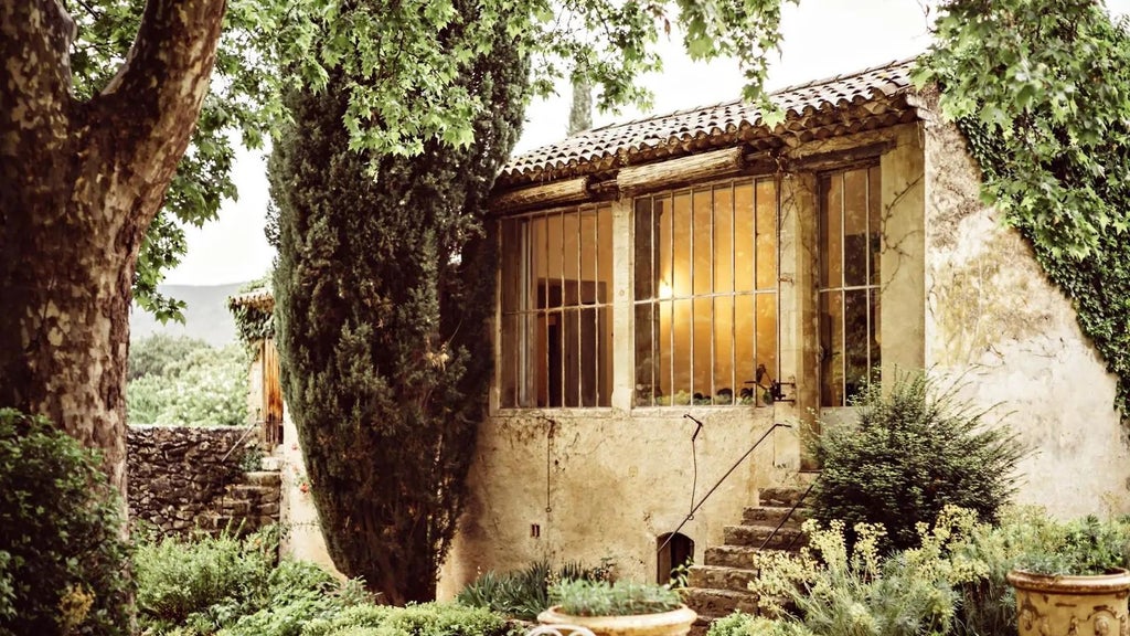 Elegant stone facade of Le Galinier hotel in Provence, with soft golden light, lavender fields, and traditional French architectural charm at sunset