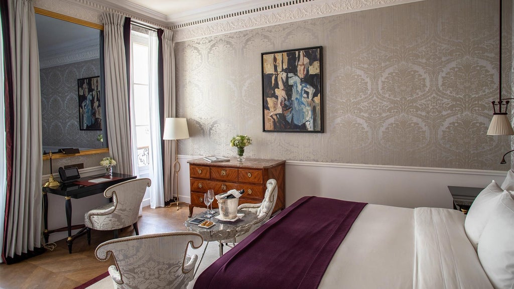 Elegant Premier Room at La Réserve Paris Hotel & Spa with plush ivory furnishings, soft lighting, and sophisticated Parisian design aesthetic