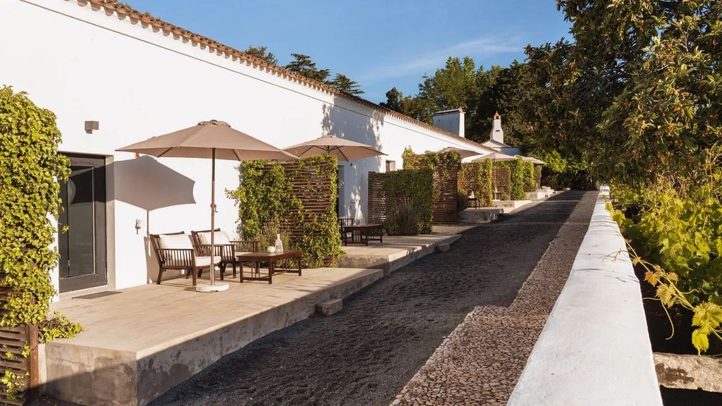 Rustic stone farmhouse with terracotta roof nestled in lush Portuguese countryside, surrounded by olive trees and lavender fields at golden hour