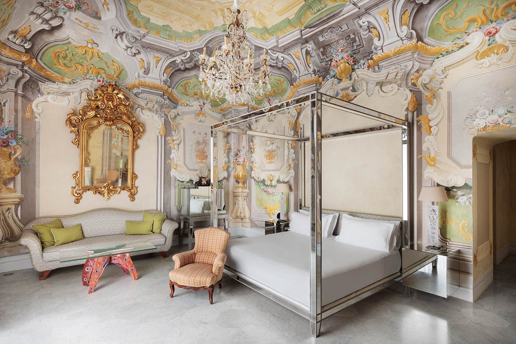 Elegant marble-clad suite overlooking Sorrento's azure coastline, featuring ornate chandelier, plush furnishings, and panoramic Mediterranean balcony view