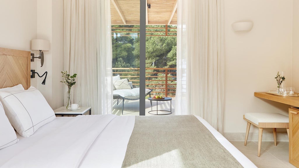 Luxurious junior suite with private hot tub overlooking azure Aegean waters, featuring modern white decor and elegant minimalist design at ELIVI Skiathos hotel