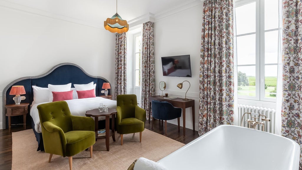 Elegant junior suite with plush white bedding, soft neutral tones, contemporary French design, large windows overlooking scenic landscape in southern France