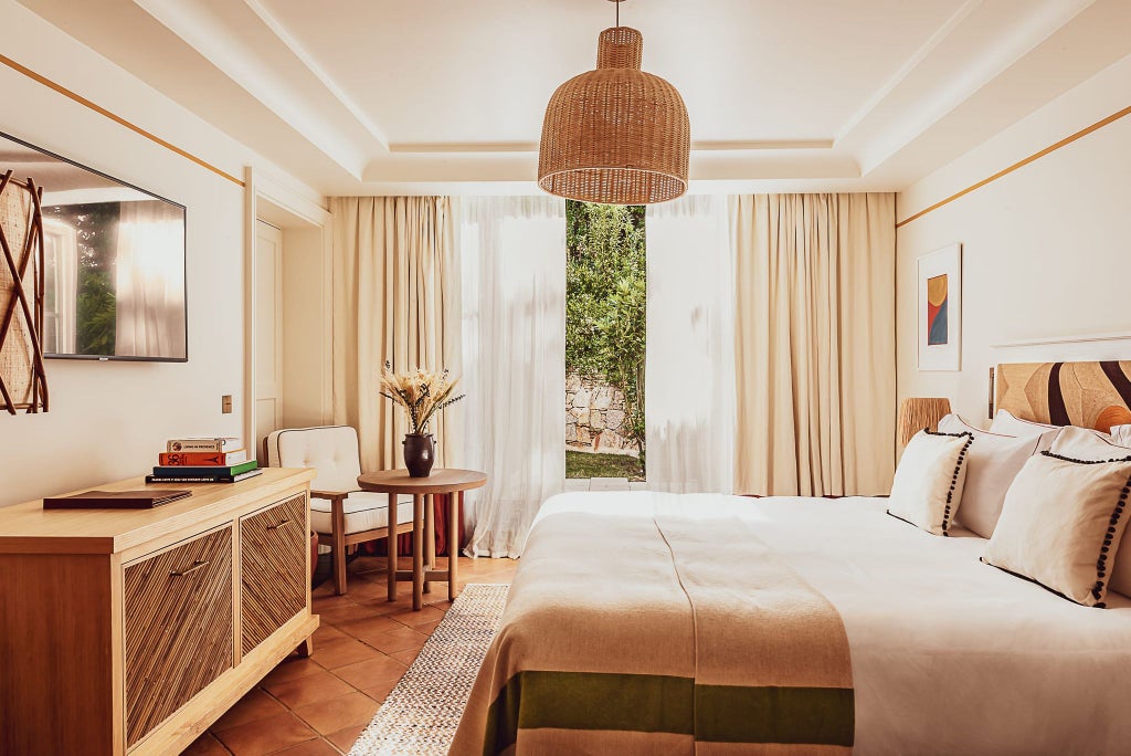 Elegantly designed superior hotel room at Lou Pinet with soft neutral tones, plush bedding, modern French furnishings, and natural light streaming through large windows.