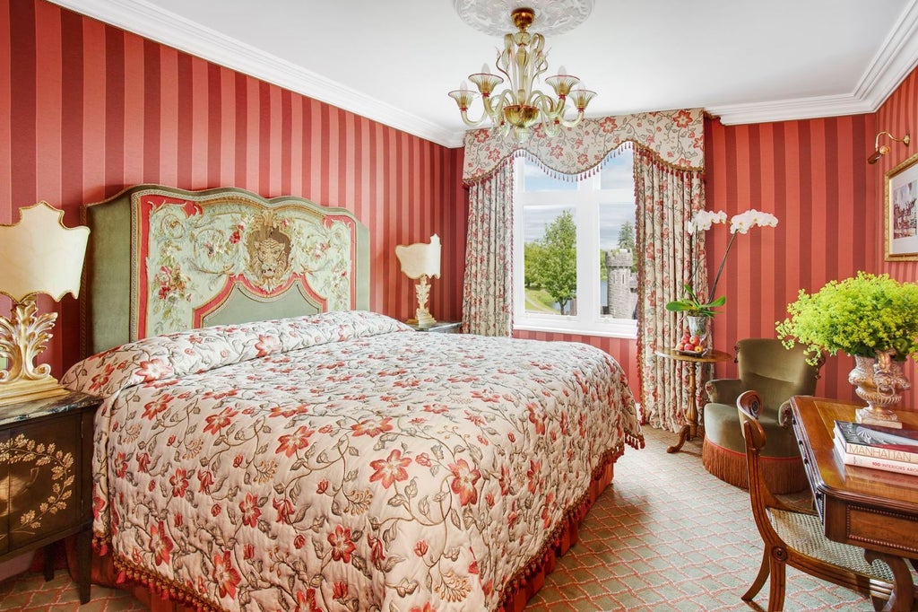 Elegant hotel room with antique furnishings, four-poster bed, crystal chandelier, lake views through tall windows, and rich red drapes