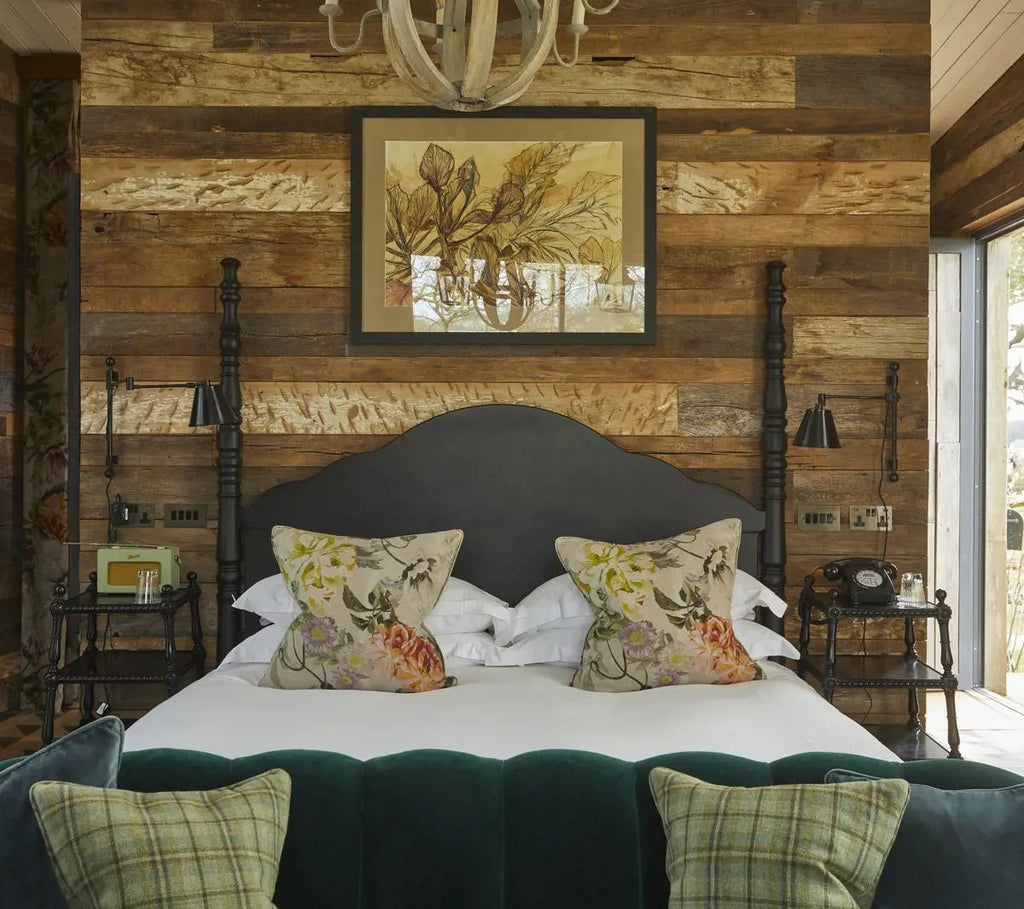 Luxurious forest cabin interior at Lime Wood Hotel, featuring natural wood paneling, plush bedding, and warm ambient lighting with verdant woodland views