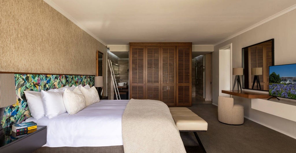 Elegant CAP Classique Suite at Mont Rochelle with plush white bed, large windows overlooking vineyard landscape, and sophisticated contemporary African design