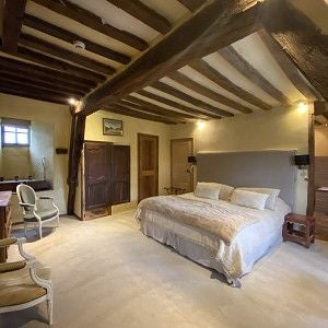 Elegant French château hotel room with ornate period furnishings, plush silk bedding, and classic architectural details in neutral cream tones