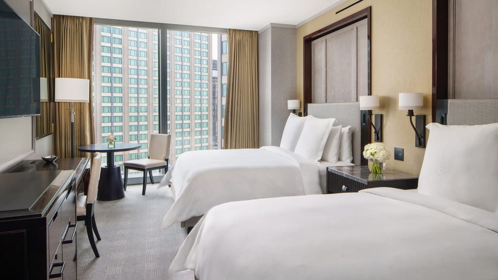 Spacious premier accessible hotel room with elegant contemporary design, featuring plush king bed, city view, and modern accessible bathroom in luxurious Four Seasons style