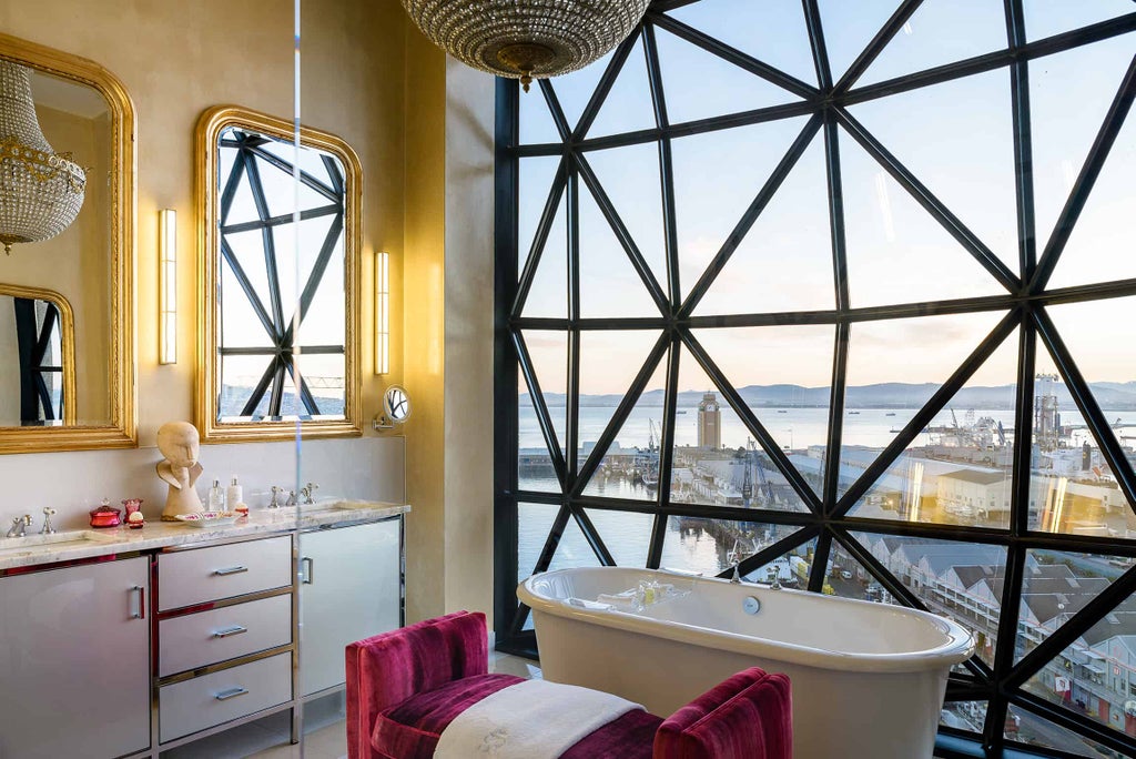 Contemporary luxury hotel with distinctive geometric windows in a converted grain silo tower overlooking Cape Town harbor at sunset