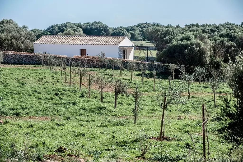 Luxurious stone medieval tower hotel in scenic Spanish coastal landscape, featuring golden stone walls, terracotta roof, and panoramic Mediterranean views