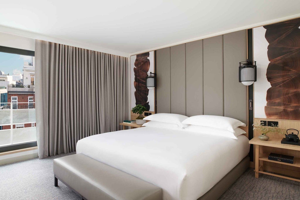 Elegant one-bedroom suite at Nobu Hotel London Portman Square with modern design, plush king bed, city views, and sophisticated minimalist decor