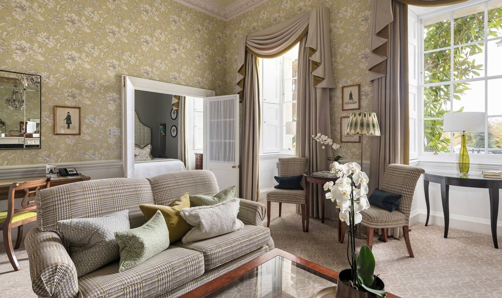 Elegant Georgian-style deluxe suite with plush cream furnishings, ornate architectural details, and panoramic windows overlooking historic Bath landscape