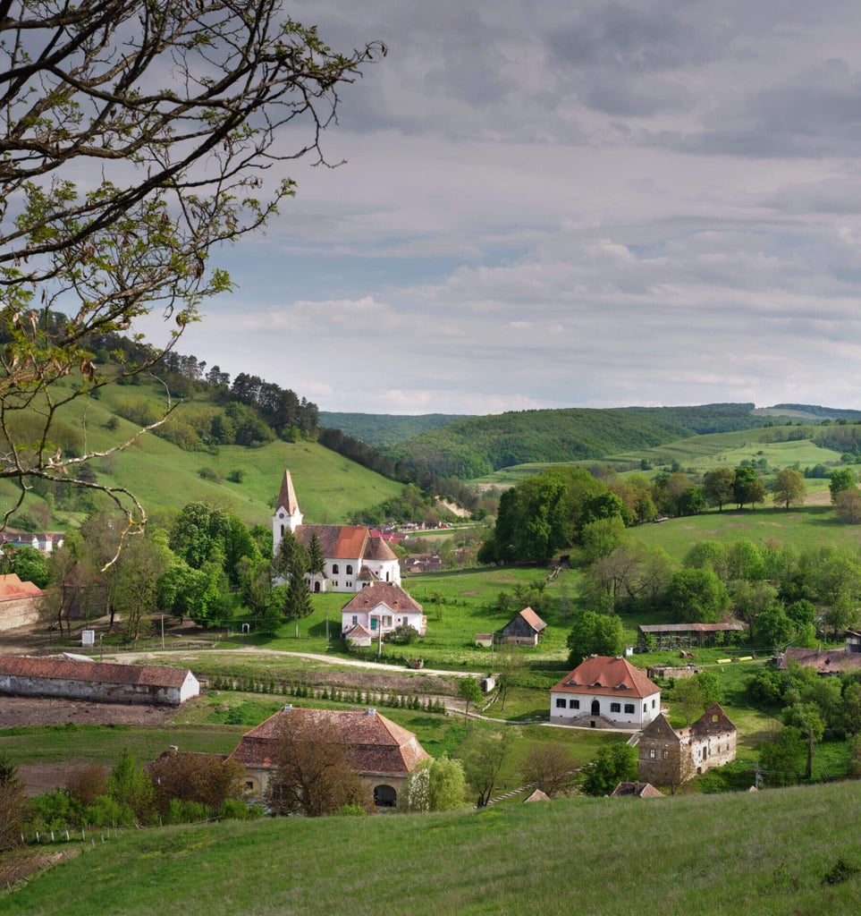 Rustic stone manor nestled in lush Transylvanian landscape, featuring elegant wooden balconies, verdant gardens, and traditional Romanian architectural charm