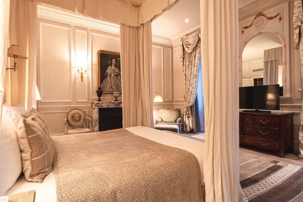 Opulent French hotel room with ornate gold-framed mirrors, crystal chandelier, antique furnishings, and floor-to-ceiling windows with silk drapes