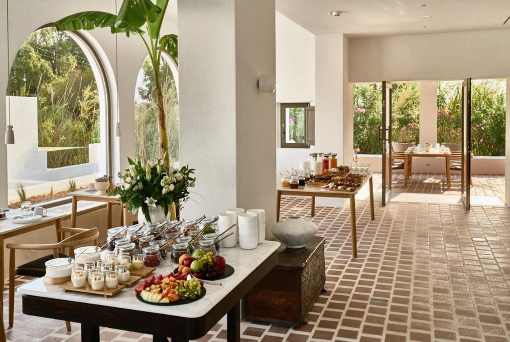 Luxurious white-walled Greek hotel complex with curved archways, surrounded by palm trees and native plants under bright blue sky