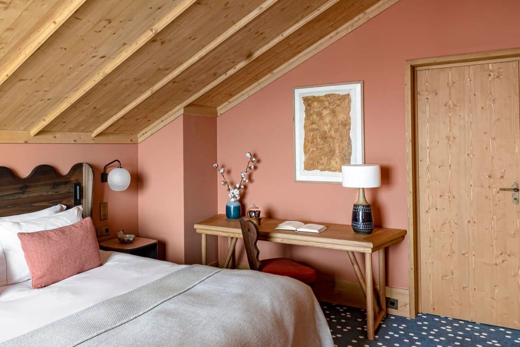 Luxurious deluxe alpine suite with elegant wooden accents, plush white bedding, and panoramic mountain views at Le Coucou Méribel ski resort in France